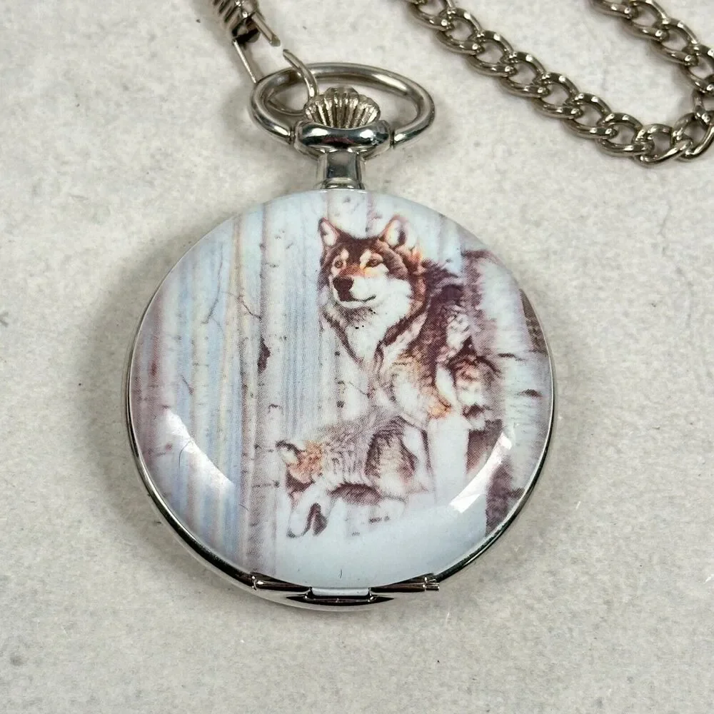 Embassy Gruen Pocket Watch 46mm Wolf Winter Forest Outdoors Quartz New Battery